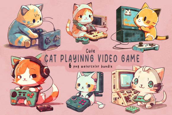 Download Cute Chibi Cat Playing Video Game - Play Collection
